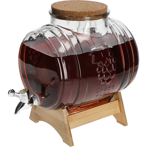 Βαρελάκι 5 L, γυάλινο, με φαρδύ στόμιο πλήρωσης, πώμα από φελλό, βάση και βρυσάκι - 4