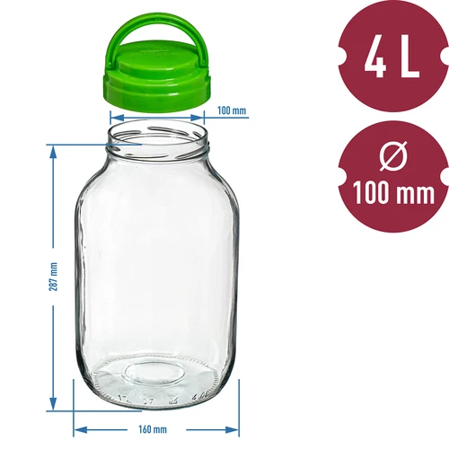 Βάζο TO 4 L με πλαστικό καπάκι + λαβίδες fi 100 - 6