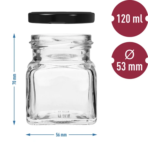 Βάζο twist-off 120 ml - Cztery kąty fi 53 με μαύρο καπάκι, 6 τεμ - 6